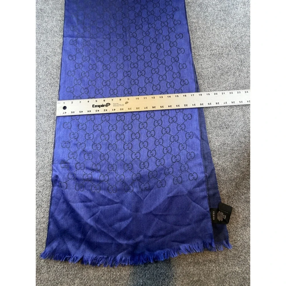 Gucci GG Monogram Scarf Blue Silk Blend Eyelash Fringe Made in Italy Luxury